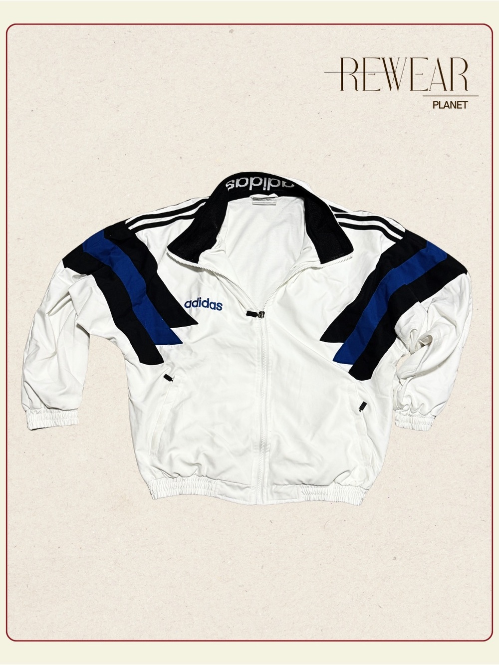 Rare Vintage Adidas Track Jacket – White Blue Black 3-Stripes Full Zip Size S